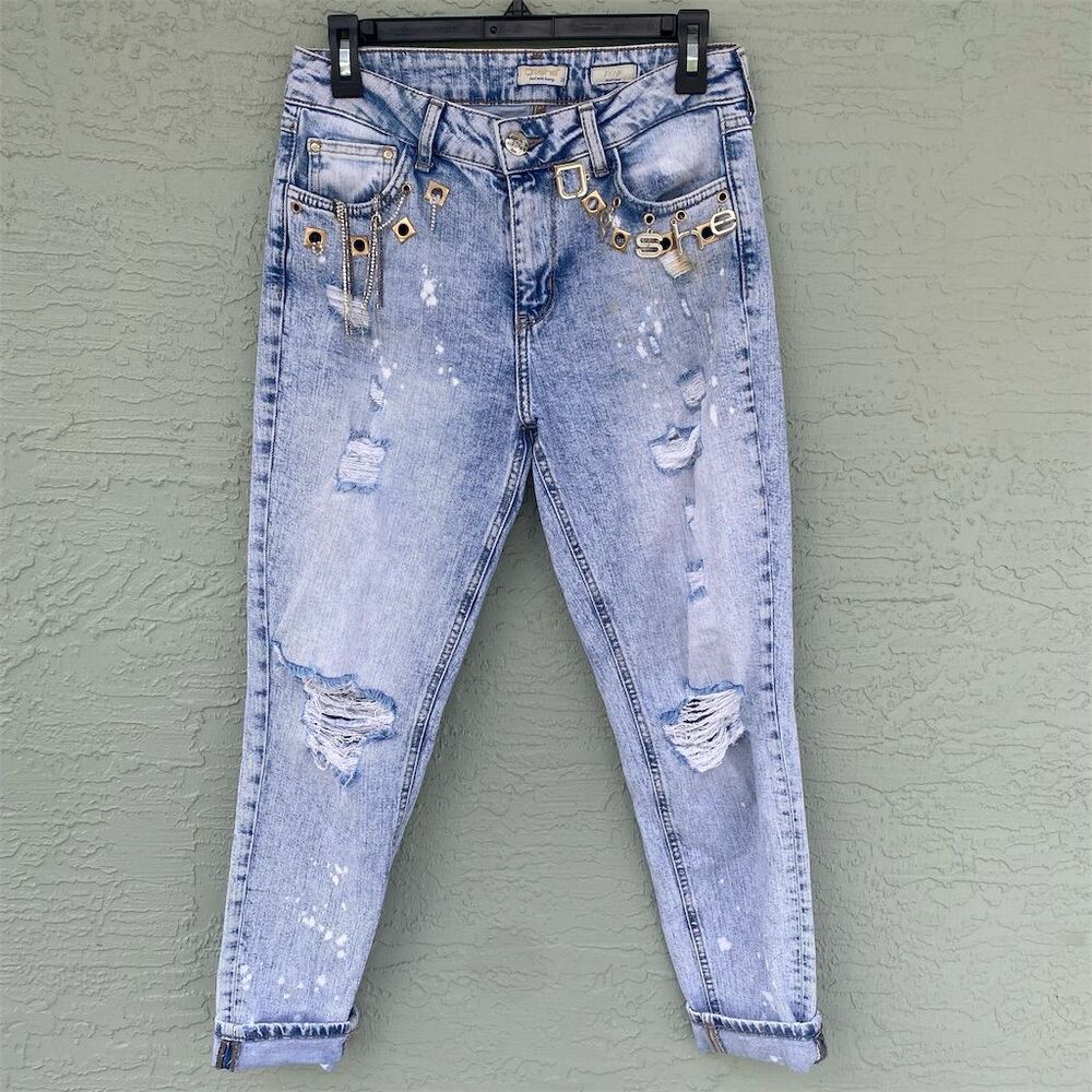 Dishe Women's Boyfriend Jeans Size 26 Light Blue High Waist Crystal Accents